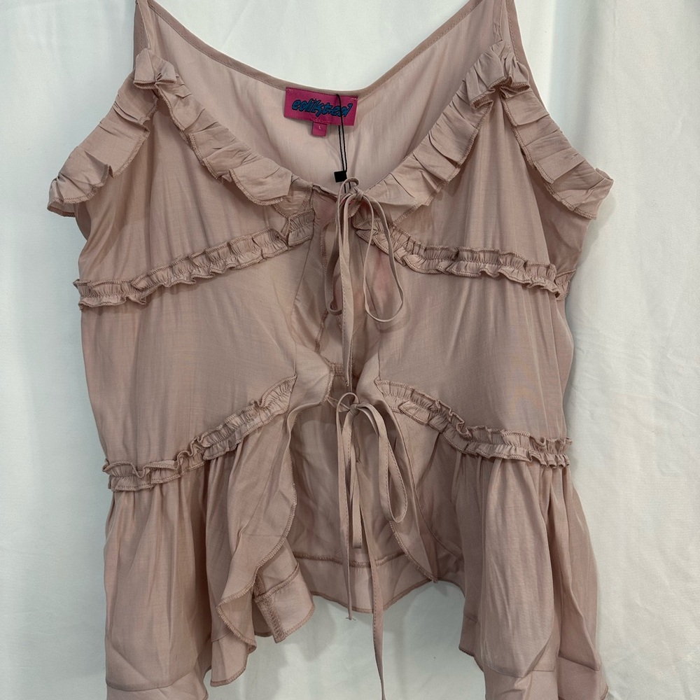 Edikted Tan Ruffled Tie Front Asymmetrical Blouse